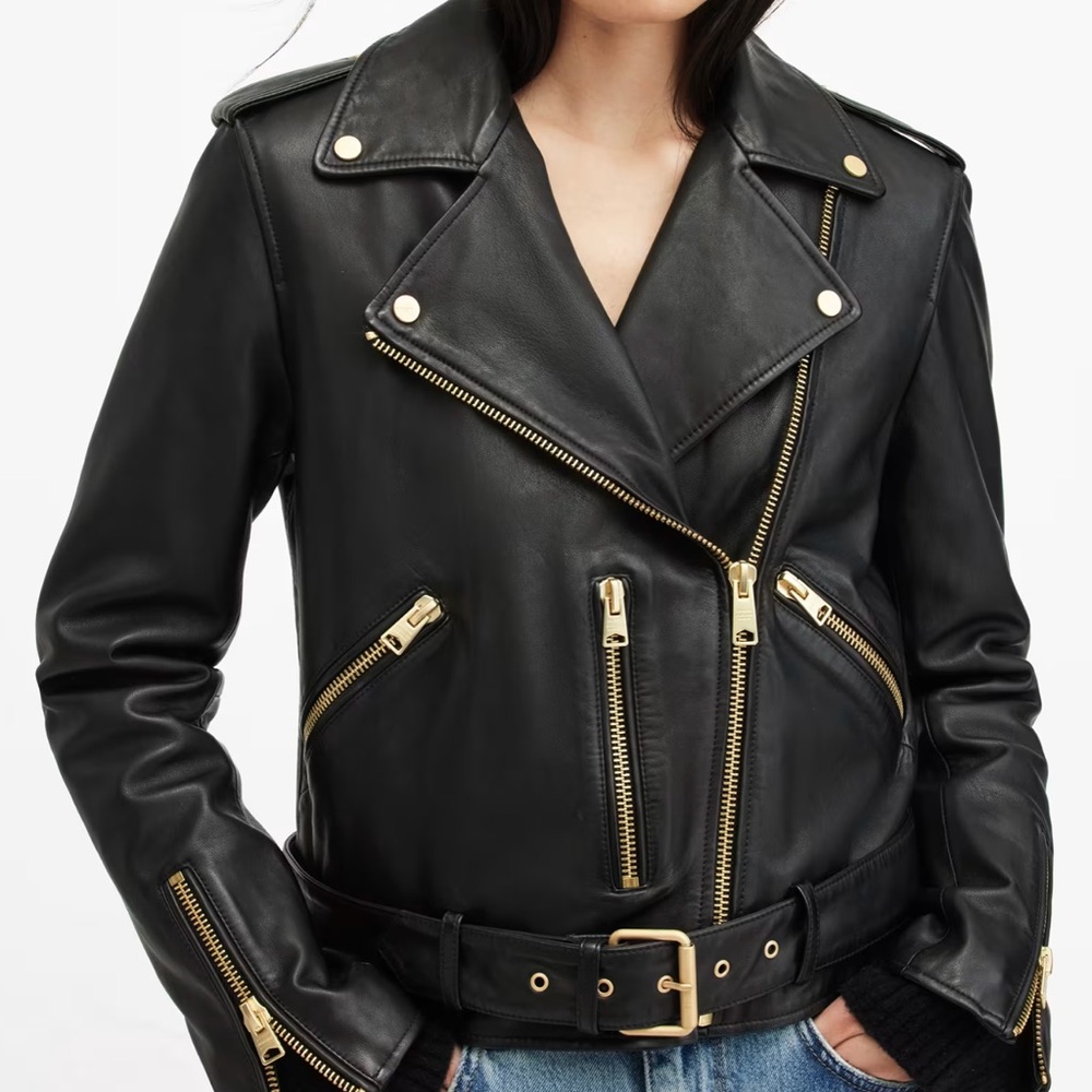 All Saints Black Leather Biker Jacket with Gold Accents - Picture 8 of 8